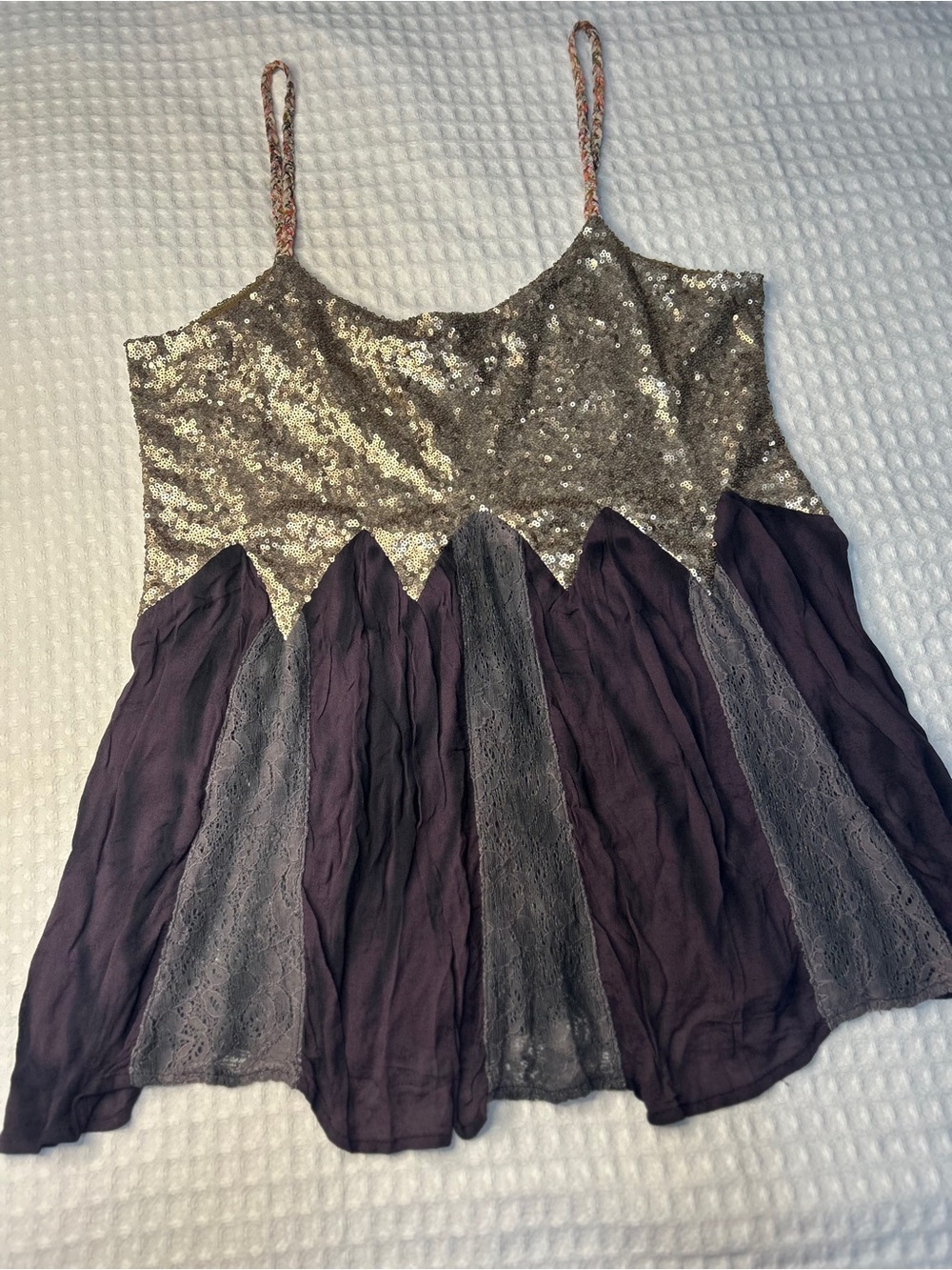 gimmicks by BKE Gold Sequin & Purple Lace and Silk Spaghetti Strap Top Sz. L